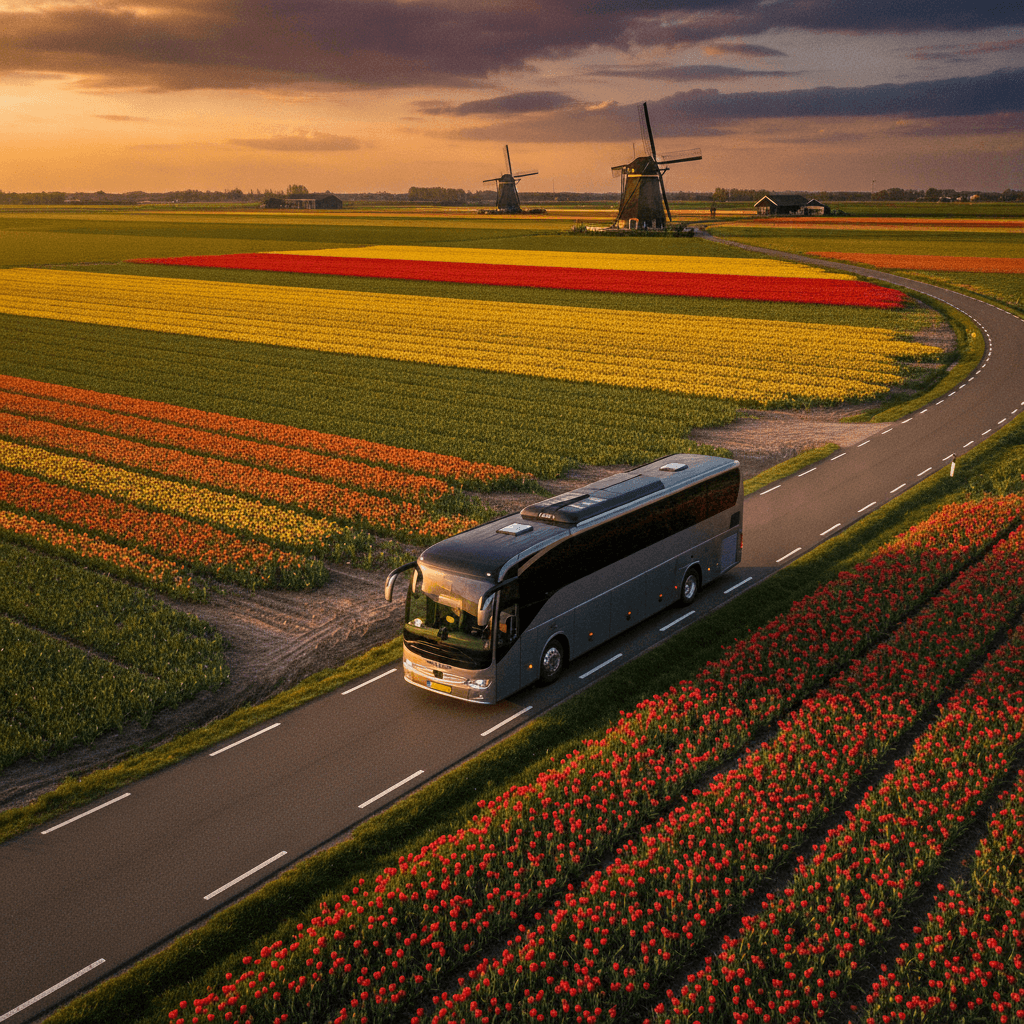 Luxe bus door de Nederlandse tulpenvelden